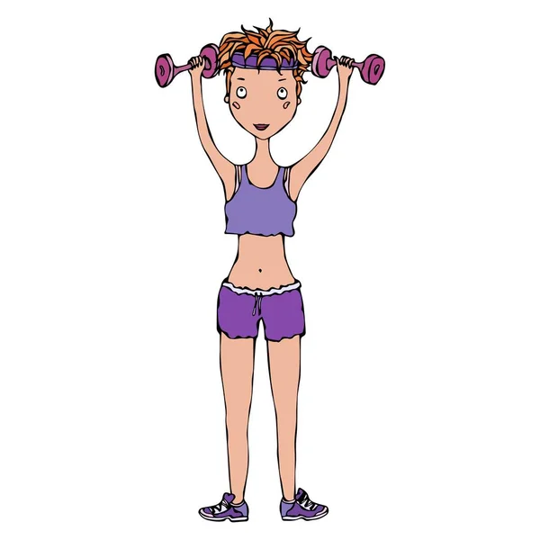 Bonito Cartoon Fitness Esporte Atlético Hipster Girl in Hairband, Top and Shorts detém halteres. Ilusão vetorial —  Vetores de Stock