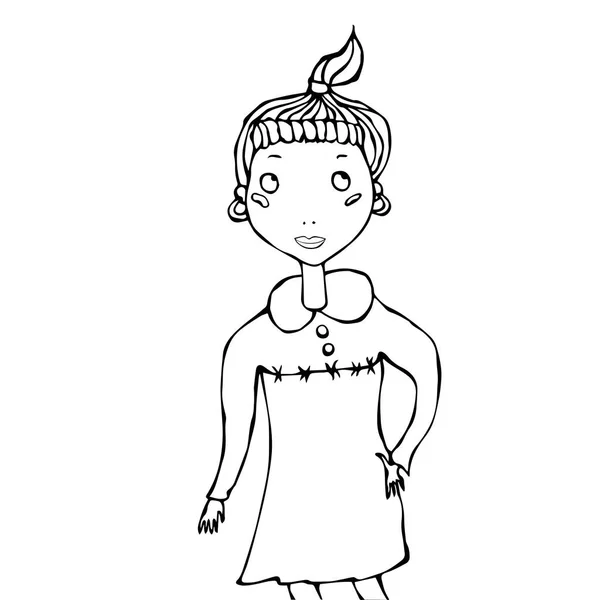 Menina bonito dos desenhos animados Hipster com cauda de pônei Sorriso Blush Olhe acima. Ilustração vetorial . —  Vetores de Stock