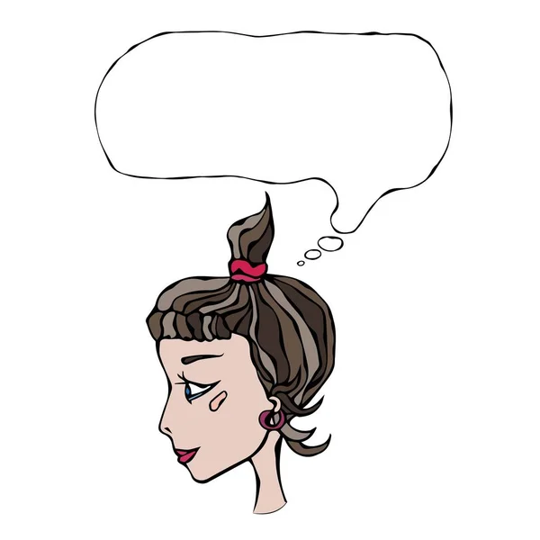 Cute Cartoon Hipster Girl Face Head em Perfil com Ponytail Smile Blush. A pensar na Bolha Acima. Ilustração vetorial —  Vetores de Stock