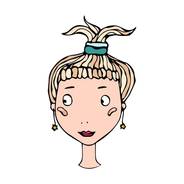 Cabeça de menina loira bonito com rabo de cavalo. Jovem fêmea sorrindo corada. Desenho Vector Ilustração —  Vetores de Stock