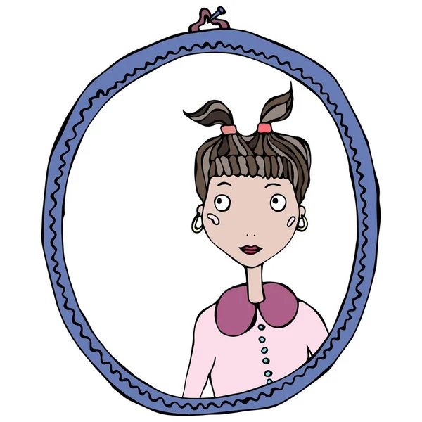 Desenhos animados bonito adorável menina no quadro de espelho. Ilustração vetorial . —  Vetores de Stock