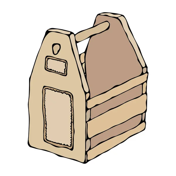 Caja de madera ligera decorativa con agujeros y manija. Cajón de frutas. Caja para alimentos, herramientas, cerveza o juguetes. Dibujo dibujado a mano aislado de la ilustración realista del vector o bosquejo del estilo de la historieta . — Archivo Imágenes Vectoriales