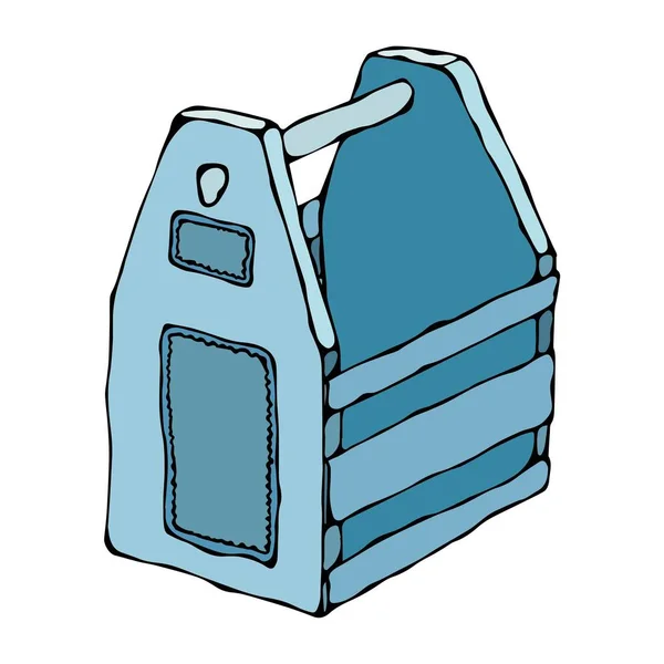 穴と柄の装飾的な青い木製の箱。フルーツの引き出し。食品、ツール、ビールまたはおもちゃの箱。現実的なベクトル イラスト分離手描き落書きや漫画スタイル スケッチ. — ストックベクタ