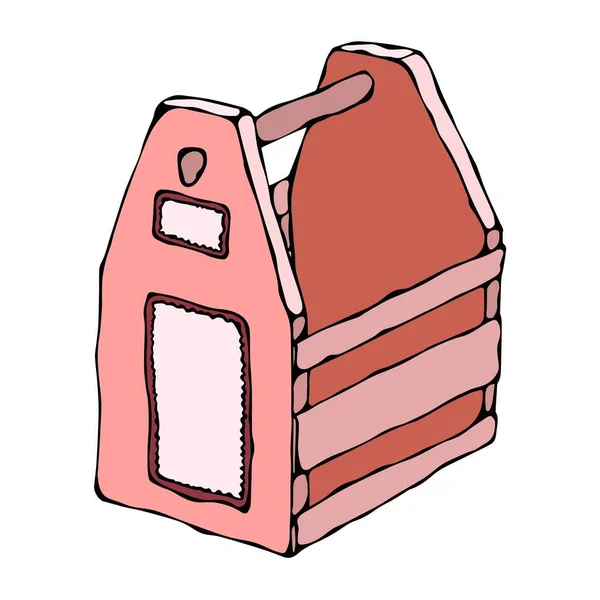 Caja decorativa de madera rosa con agujeros y asa. Cajón de frutas. Caja para alimentos, herramientas, cerveza o juguetes. Dibujo dibujado a mano aislado de la ilustración realista del vector o bosquejo del estilo de la historieta . — Archivo Imágenes Vectoriales