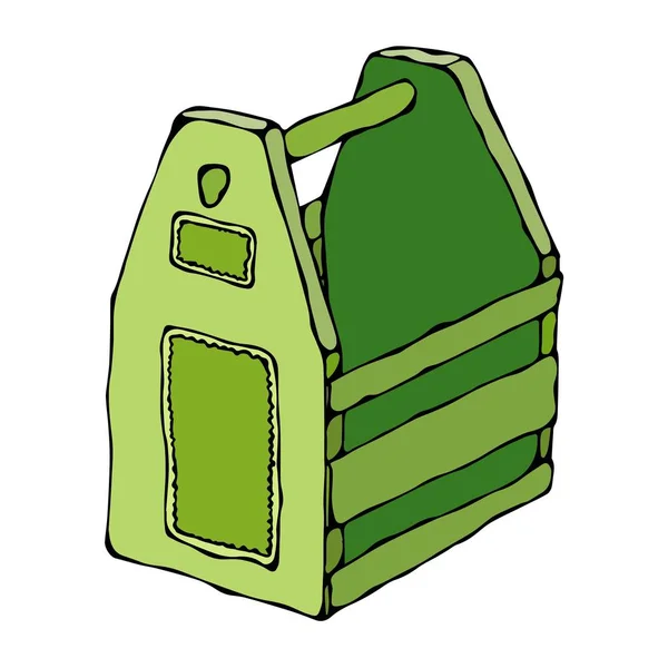 Caja de madera verde decorativa con agujeros y manija. Cajón de frutas. Caja para alimentos, herramientas, cerveza o juguetes. Dibujo dibujado a mano aislado de la ilustración realista del vector o bosquejo del estilo de la historieta . — Archivo Imágenes Vectoriales