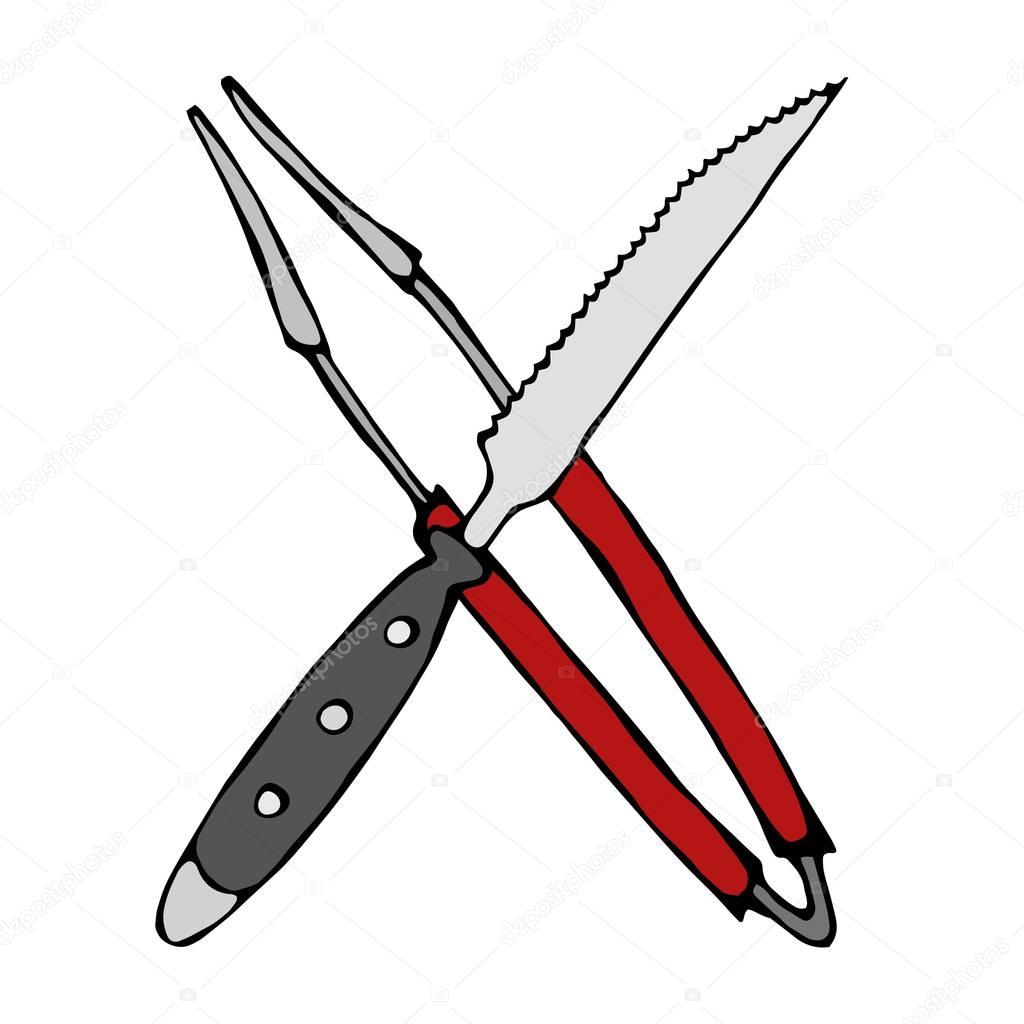 Barbecue Grill Tools Crossed Knife and Tongs. Isolated On a White Background. Realistic Doodle Cartoon Style Hand Drawn Sketch Vector Illustration.