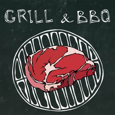 Barbekü Izgara kaburga eti. Izgara ve barbekü. gerçekçi Doodle karikatür tarzı elle çizilmiş kroki vektör çizim yazı. Bir siyah kara tahta arka plan üzerinde izole.