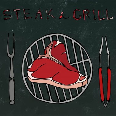 T-Bone Steak Barbekü, maşa ve çatal için ızgara. Biftek ve ızgara yazı. Gerçekçi Doodle karikatür tarzı elle çizilmiş kroki vektör çizim. Bir siyah kara tahta arka plan üzerinde izole.