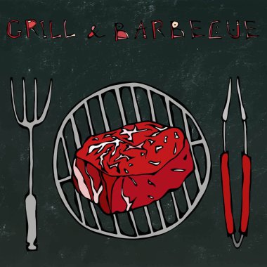 Barbekü, maşa ve çatal için ızgara fileto Mignon biftek. Yazı ızgara ve barbekü. Gerçekçi Doodle karikatür tarzı elle çizilmiş kroki vektör çizim. Bir siyah kara tahta arka plan üzerinde izole.