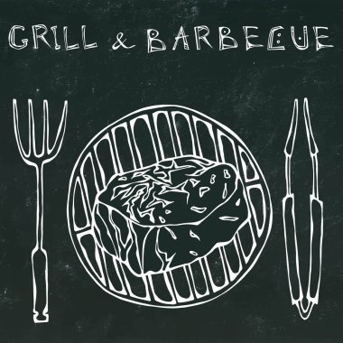 Barbekü, maşa ve çatal için ızgara fileto Mignon biftek. Yazı ızgara ve barbekü. Gerçekçi Doodle karikatür tarzı elle çizilmiş kroki vektör çizim. Bir siyah kara tahta arka plan üzerinde izole.