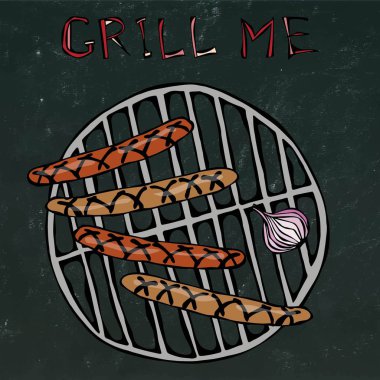 Sosis ve barbekü ızgara soğan. Izgara bana Barbekü Logo yazı. Bir siyah kara tahta arka plan üzerinde izole. Gerçekçi Doodle karikatür tarzı elle çizilmiş kroki vektör çizim.
