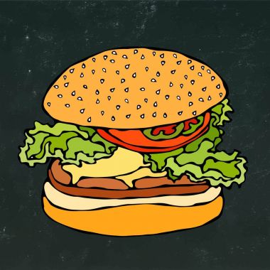 Büyük hamburger, Hamburger veya siyah kara tahta arka plan üzerinde Cheeseburger.Isolated. Gerçekçi Doodle karikatür tarzı elle çizilmiş kroki vektör çizim.