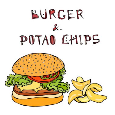 Büyük Hamburger ya da çizburger, bira bardağı ya da bira bardağı ve patates cipsi. Burger Logo. Beyaz bir arka plan üzerinde izole. Gerçekçi Doodle karikatür tarzı elle çizilmiş kroki vektör çizim.