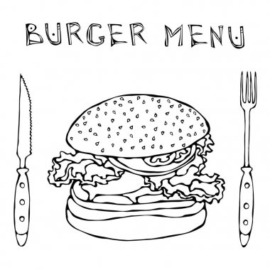 Büyük Hamburger ya da çizburger. Burger menü yazı, bıçak ve çatal. Beyaz bir arka plan üzerinde izole. Gerçekçi Doodle karikatür tarzı elle çizilmiş kroki vektör çizim.