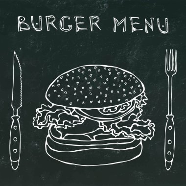 Büyük Hamburger ya da çizburger. Burger menü yazı, bıçak ve çatal. Bir siyah kara tahta arka plan üzerinde izole. Gerçekçi Doodle karikatür tarzı elle çizilmiş kroki vektör çizim.