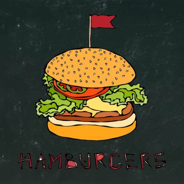 Büyük hamburger bayrak ile. Hamburger yazı. Bir siyah kara tahta arka plan üzerinde izole. Gerçekçi Doodle karikatür tarzı elle çizilmiş kroki vektör çizim.