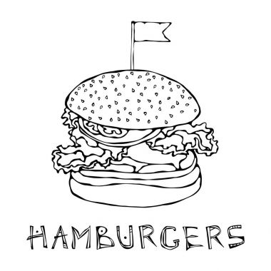 Büyük hamburger bayrak ile. Hamburger yazı. Beyaz bir arka plan üzerinde izole. Gerçekçi Doodle karikatür tarzı elle çizilmiş kroki vektör çizim.