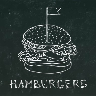 Büyük hamburger bayrak ile. Hamburger yazı. Bir siyah kara tahta arka plan üzerinde izole. Gerçekçi Doodle karikatür tarzı elle çizilmiş kroki vektör çizim.