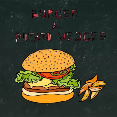 Büyük Hamburger veya patates dilimleri ile çizburger. Burger yazı. Bir siyah kara tahta arka plan üzerinde izole. Gerçekçi Doodle karikatür tarzı elle çizilmiş kroki vektör çizim.