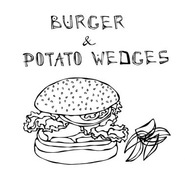 Büyük Hamburger veya patates dilimleri ile çizburger. Burger yazı. Beyaz bir arka plan üzerinde izole. Gerçekçi Doodle karikatür tarzı elle çizilmiş kroki vektör çizim.