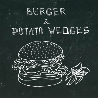 Büyük Hamburger veya patates dilimleri ile çizburger. Burger yazı. Bir siyah kara tahta arka plan üzerinde izole. Gerçekçi Doodle karikatür tarzı elle çizilmiş kroki vektör çizim.