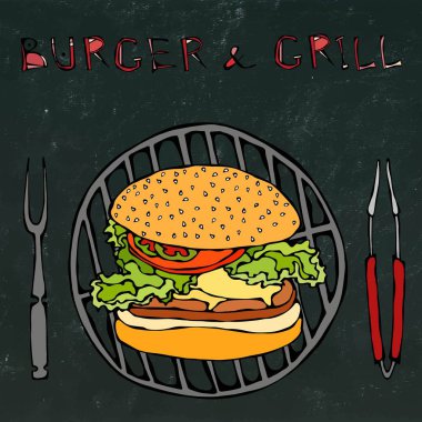 Büyük Hamburger veya barbekü ızgara, maşa ve Barbekü için çatal çizburger. Burger yazı. Bir siyah kara tahta arka plan üzerinde izole. Sketch vektör çizim gerçekçi el çekilmiş.