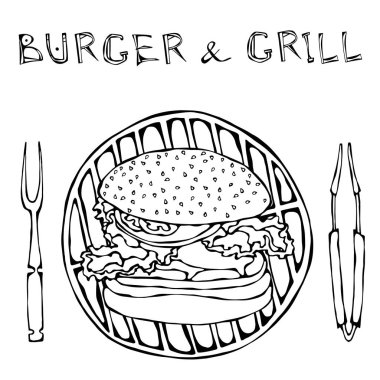Büyük Hamburger veya barbekü ızgara, maşa ve Barbekü için çatal çizburger. Burger yazı. Beyaz bir arka plan üzerinde izole. Gerçekçi Doodle karikatür tarzı elle çizilmiş kroki vektör çizim.