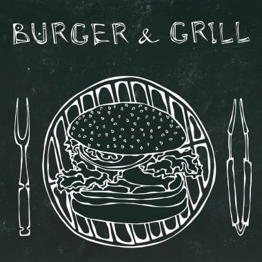 Büyük Hamburger veya barbekü ızgara, maşa ve Barbekü için çatal çizburger. Burger yazı. Bir siyah kara tahta arka plan üzerinde izole. Sketch vektör çizim gerçekçi el çekilmiş.