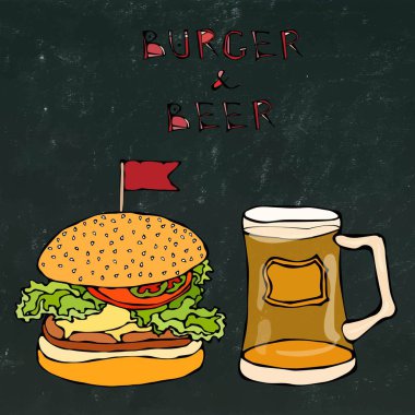 Büyük Hamburger çizburger ve bira bardağı ya da bira. Burger yazı. Bir siyah kara tahta arka plan üzerinde izole. Gerçekçi Doodle karikatür tarzı elle çizilmiş kroki vektör çizim.