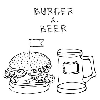 Büyük Hamburger çizburger ve bira bardağı ya da bira. Burger yazı. Beyaz bir arka plan üzerinde izole. Gerçekçi Doodle karikatür tarzı elle çizilmiş kroki vektör çizim.