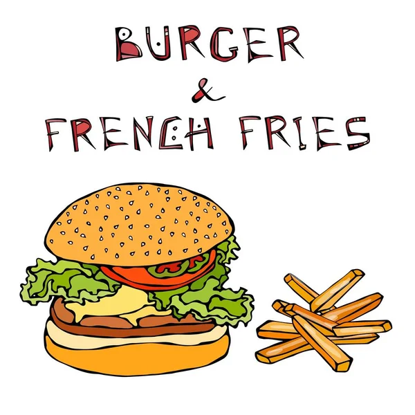 Büyük Hamburger veya kızarmış patates ya da Fransız kızartması çizburger. Burger yazı. Beyaz bir arka plan üzerinde izole. Gerçekçi Doodle karikatür tarzı elle çizilmiş kroki vektör çizim.