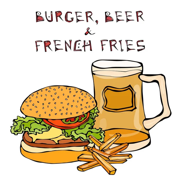 Big Hamburger or Cheeseburger, Beer Mug or Pint, Fried Potato or French Fries. Burger Lettering. Isolated On a White Background. Realistic Doodle Cartoon Style Hand Drawn Sketch Vector Illustration. — Stock Vector