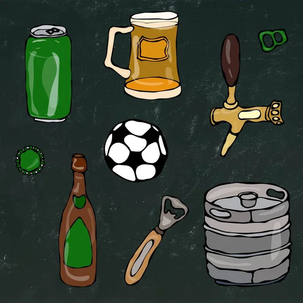 Ensemble d'objets de bière : boîte et clé, tasse, robinet, bouteille, ballon de football, ouvre-boîte, fût. Isolé sur un fond de tableau noir. Illustration vectorielle de croquis dessinée à la main de style dessin animé réaliste Doodle . — Image vectorielle