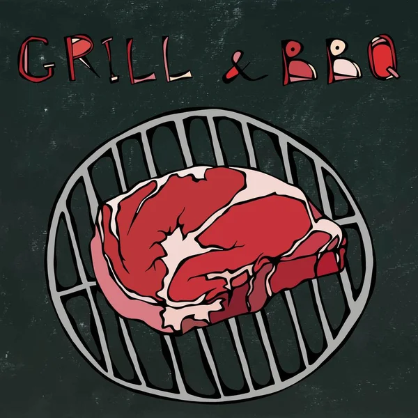 RIB Eye Steak van de Grill voor Barbecue. Grill en BBQ-. realistische Doodle Cartoon stijl Hand getrokken schets vectorillustratie belettering. Geïsoleerd op een zwarte schoolbord achtergrond. — Stockvector