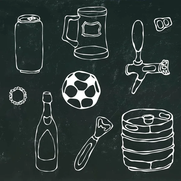 Ensemble d'objets de bière : boîte et clé, tasse, robinet, bouteille, ballon de football, ouvre-boîte, fût. Isolé sur un fond de tableau noir. Illustration vectorielle de croquis dessinée à la main de style dessin animé réaliste Doodle . — Image vectorielle