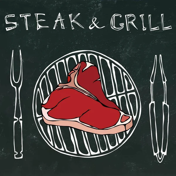 T-Bone Steak on the Grill for Barbecue, Tongs and Fork. Lettering Steak and Grill. Realistic Doodle Cartoon Style Hand Drawn Sketch Vector Illustration. Isolated on a Black Chalkboard Background. — Stock Vector