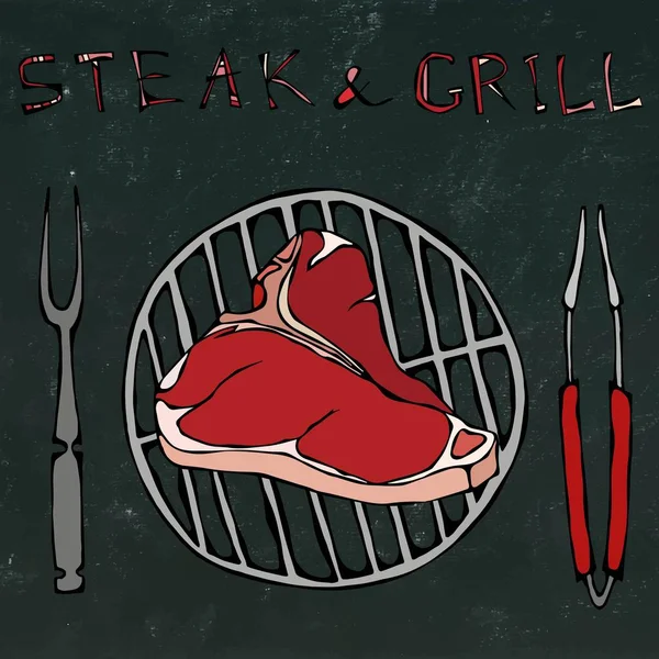 T-Bone Steak on the Grill per barbecue, pinze e forchetta. Lettering Steak and Grill. Realistico Doodle stile cartone animato disegnato a mano disegno vettoriale Illustrazione. Isolato su uno sfondo di lavagna nera . — Vettoriale Stock