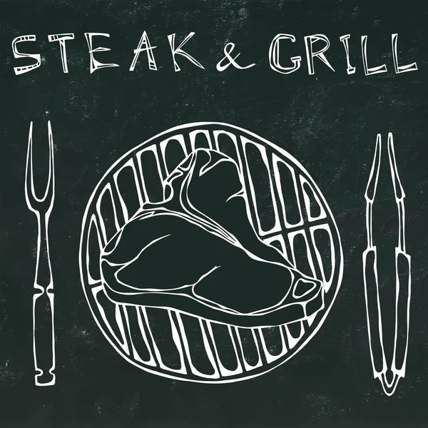 T-Bone Steak on the Grill per barbecue, pinze e forchetta. Lettering Steak and Grill. Realistico Doodle stile cartone animato disegnato a mano disegno vettoriale Illustrazione. Isolato su uno sfondo di lavagna nera . — Vettoriale Stock