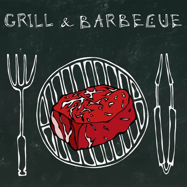 Filet Mignon Steak on the Grill for BBQ, Tongs and Fork. Lettering Grill and Barbecue. Realistic Doodle Cartoon Style Hand Drawn Sketch Vector Illustration. Isolated on a Black Chalkboard Background. — Stock Vector