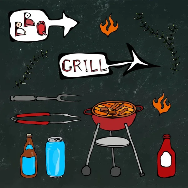 Barbekü araçları: Barbekü çatalı, maşa, ızgara et, ateş, bira şişesi, Can, ketçap, otlar ile. Bir siyah kara tahta arka plan üzerinde izole. Gerçekçi Doodle karikatür elle çizilmiş kroki vektör çizim.