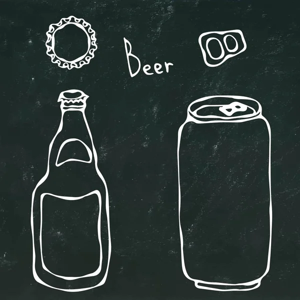 Garrafa de cerveja, lata, tampa e chave. Isolado em um fundo de papelão preto. Doodle realista Desenhos Animados Estilo mão desenhada Esboço Vector Ilustração . —  Vetores de Stock