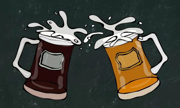 Две кружки пива со светлым и темным пивом. Клинк с брызгами. Изолирован на черной доске заднего плана. Рисунок в стиле мультфильма "Рисунок" . — стоковый вектор
