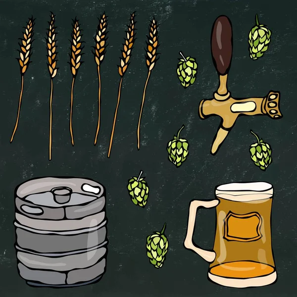 Conjunto de objetos de cerveja: Hop, malte, caneca, torneira, barril. Isolado em um fundo de papelão preto. Doodle realista Desenhos Animados Estilo mão desenhada Esboço Vector Ilustração . —  Vetores de Stock