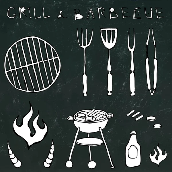Grill eszközök: Bbq-Fork, fogó, Grill húsok, tűz, ketchup, bika szarva. Elszigetelt Chalkboard fekete háttéren. Reális Doodle rajzfilm stílusú kézzel rajzolt vázlat vektoros illusztráció. — Stock Vector
