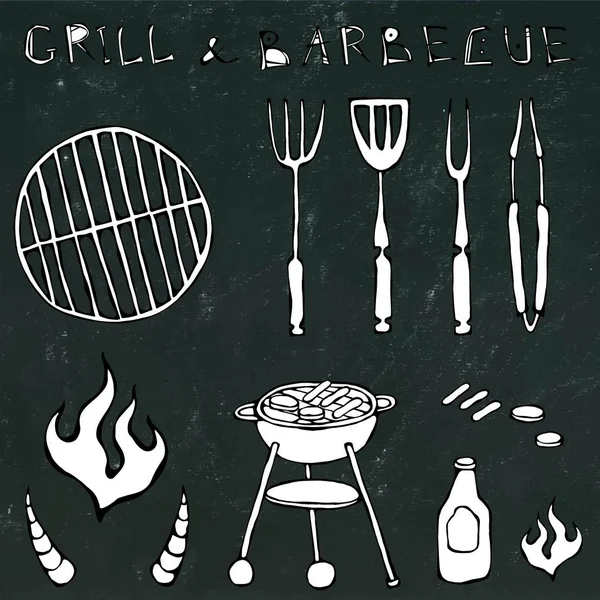 Set von Grillwerkzeugen: Grillgabel, Zange, Grill mit Fleisch, Feuer, Ketchup, Ochsenhörner. isoliert auf schwarzem Tafelhintergrund. realistische Doodle Cartoon Stil handgezeichnete Skizze Vektor Illustration. — Stockvektor