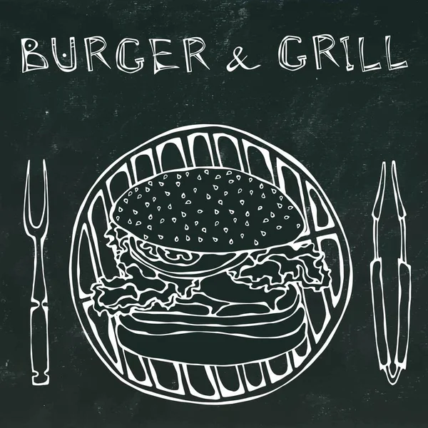Büyük Hamburger veya barbekü ızgara, maşa ve Barbekü için çatal çizburger. Burger yazı. Bir siyah kara tahta arka plan üzerinde izole. Sketch vektör çizim gerçekçi el çekilmiş.