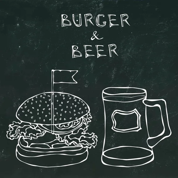 Hamburguesa grande o hamburguesa con queso y taza de cerveza o pinta. Burger Lettering. Aislado sobre un fondo de pizarra negra. Realista Doodle Cartoon Style Dibujado a mano Dibujo Vector Ilustración . — Archivo Imágenes Vectoriales