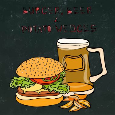Büyük Hamburger ya da çizburger, bira bardağı ya da bira ve kızarmış patates. Burger yazı. Bir siyah kara tahta arka plan üzerinde izole. Gerçekçi Doodle karikatür tarzı elle çizilmiş kroki vektör çizim.