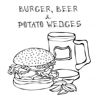 Büyük Hamburger ya da çizburger, bira bardağı ya da bira ve kızarmış patates. Burger yazı. Beyaz bir arka plan üzerinde izole. Gerçekçi Doodle karikatür tarzı elle çizilmiş kroki vektör çizim.