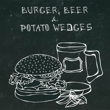 Büyük Hamburger ya da çizburger, bira bardağı ya da bira ve kızarmış patates. Burger yazı. Bir siyah kara tahta arka plan üzerinde izole. Gerçekçi Doodle karikatür tarzı elle çizilmiş kroki vektör çizim.
